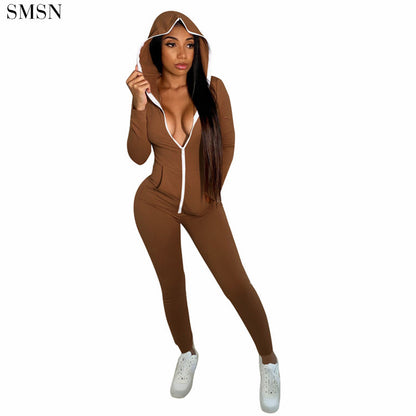 Wholesale Winter Hooded Exercise Fitted Jumpsuit Zip Up Sport Long Sleeve Bodysuits Sexy For Women Jumpsuit 2021 Sexy baby magazin 