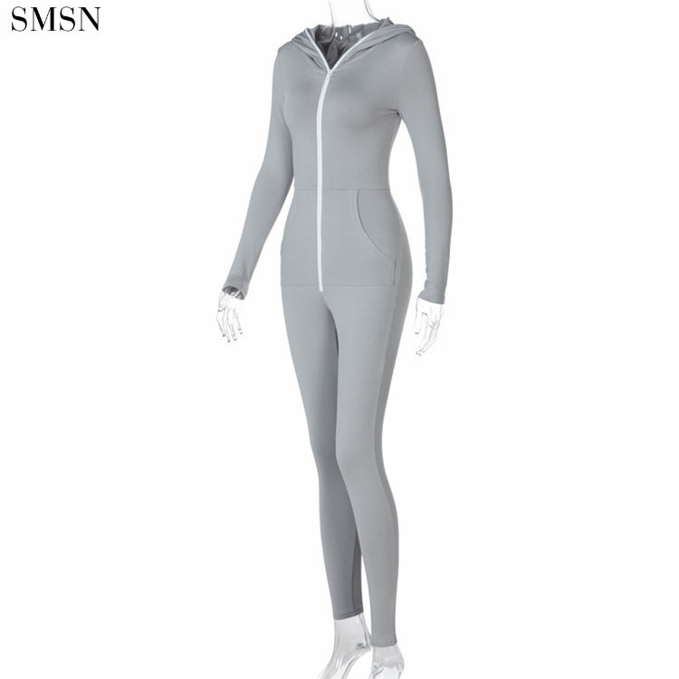 Wholesale Winter Hooded Exercise Fitted Jumpsuit Zip Up Sport Long Sleeve Bodysuits Sexy For Women Jumpsuit 2021 Sexy baby magazin 