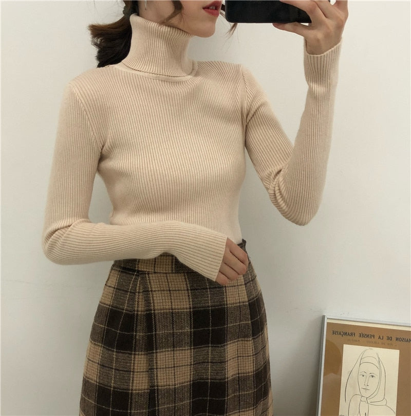 Women Turtleneck Sweaters Autumn Winter Korean Slim Pullover Women Basic Tops Casual Soft Knit Sweater Soft Warm Jumper baby magazin 